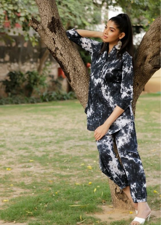 Tie and Dye Pintuck Tunic Co-ord Set- Black