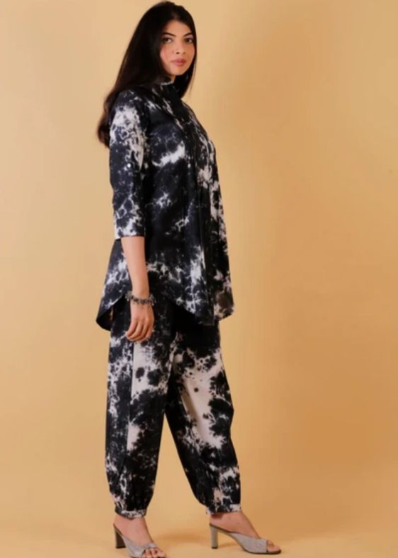 Tie and Dye Pintuck Tunic Co-ord Set- Black
