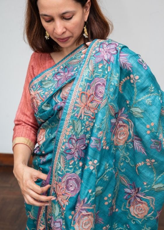 Blue Embroidery Tussar Silk Saree