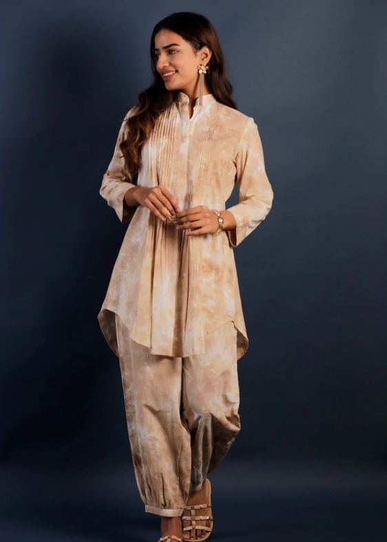 Tie and Dye Pintuck Tunic Co-ord Set- Beige