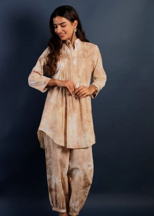 Tie and Dye Pintuck Tunic Co-ord Set- Beige