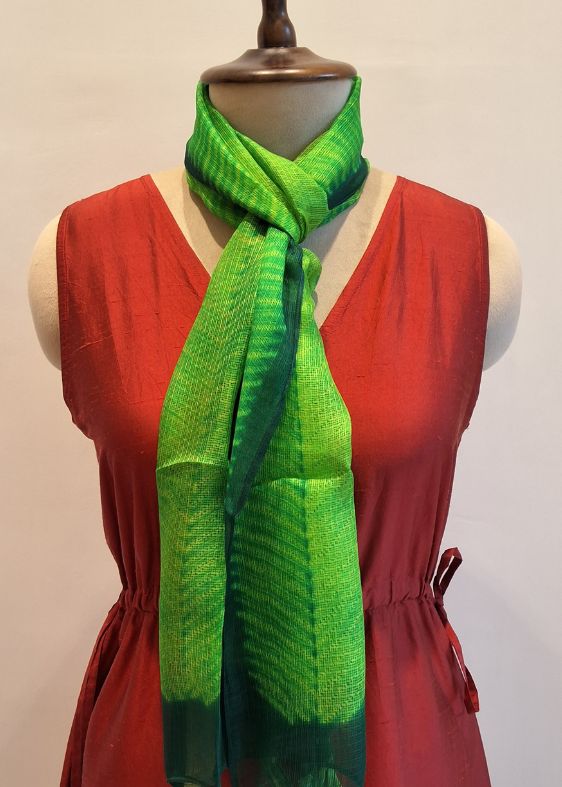 Parrot Green Stripes Silkkota Shibori Handloom Stole