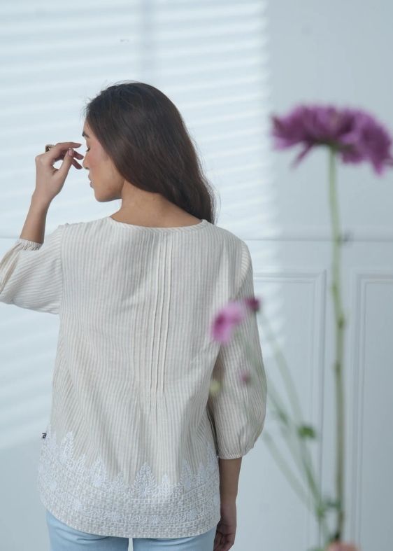 SS 2306 A Beige Stripe Embroidered Cotton Top