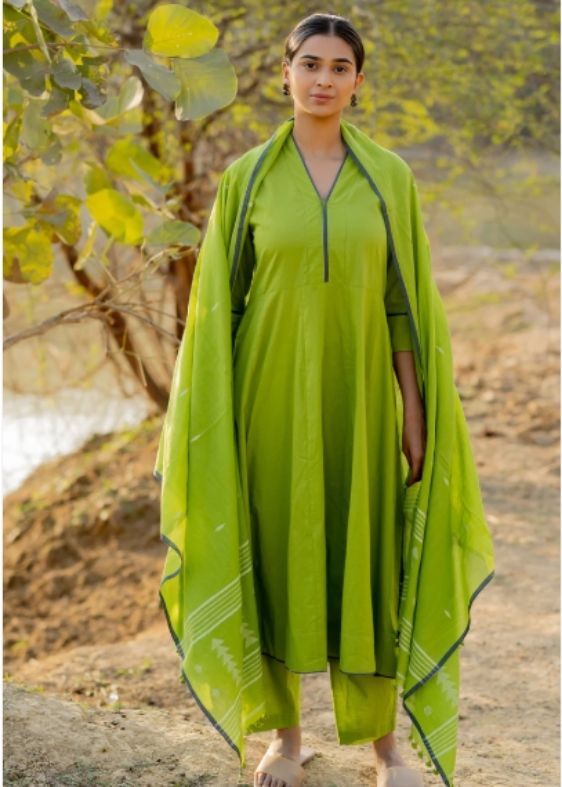 Green Pear Kalidaar Set with Jamdani Dupatta