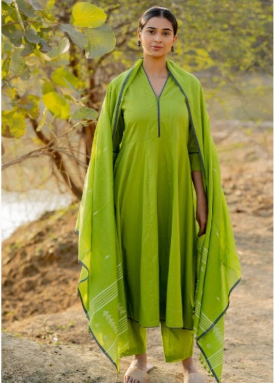 Green Pear Kalidaar Set with Jamdani Dupatta