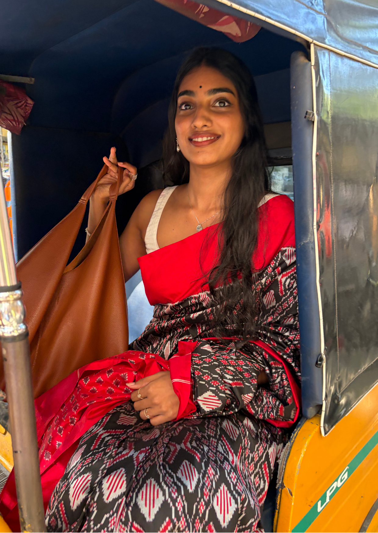 Black Red border Double Ikat Silk Saree