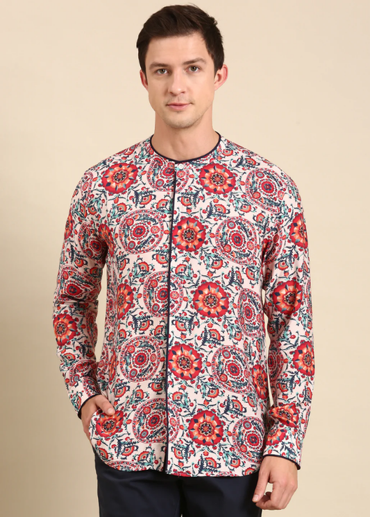 Cream Red Blue Muslin Shirt