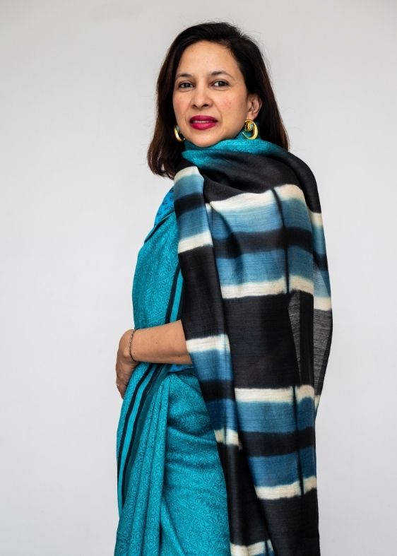Blue Printed Tussar Silk Saree