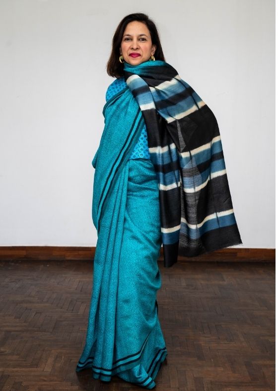 Blue Printed Tussar Silk Saree