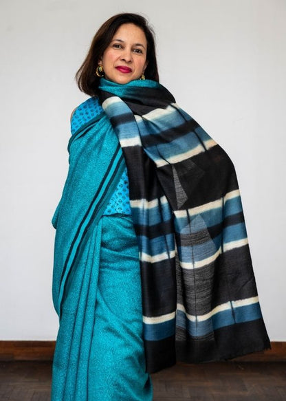 Blue Printed Tussar Silk Saree