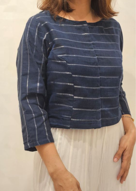 Blue with Silver Fulia Cotton stripes Blouse