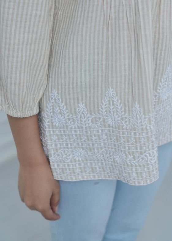 SS 2306 A Beige Stripe Embroidered Cotton Top