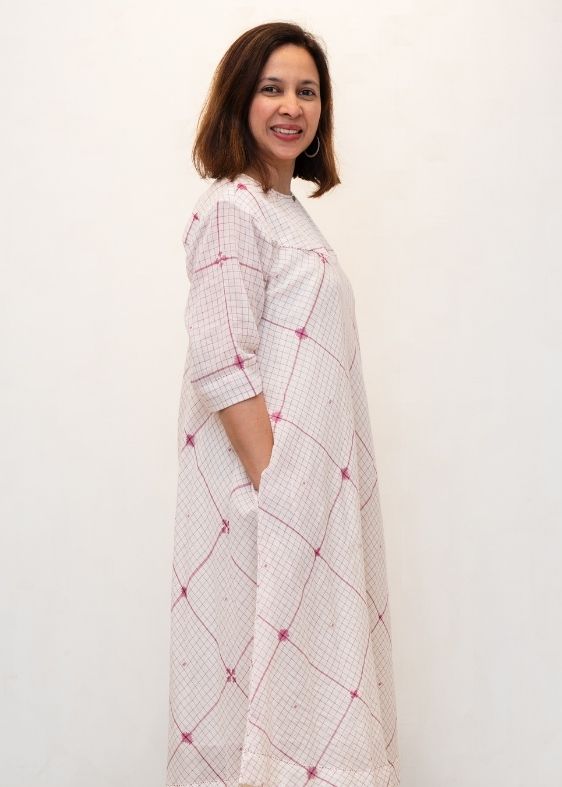 White and Pink Checks Jamdani Cotton Dress