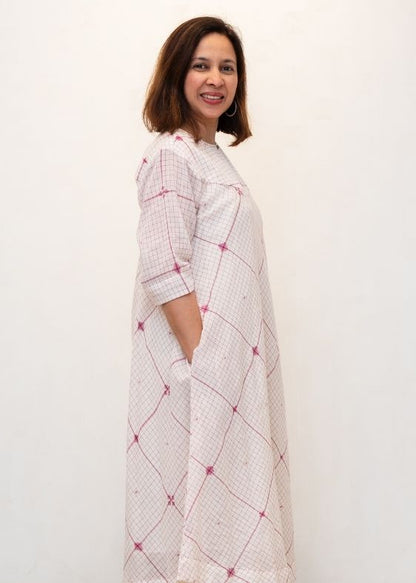 White and Pink Checks Jamdani Cotton Dress