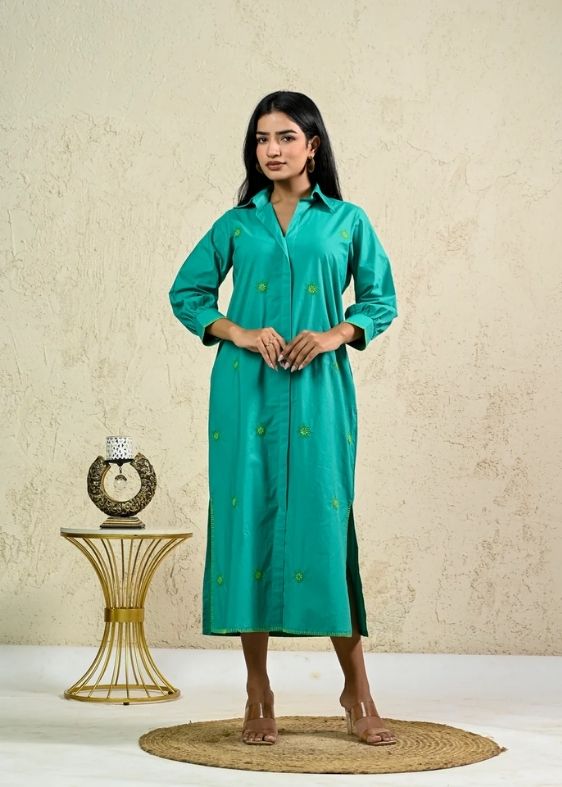 Green Long Embroidery shirt dress