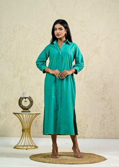 Green Long Embroidery shirt dress