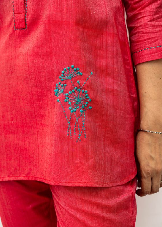 Red Flower Spring Tussar Cotton Tunic