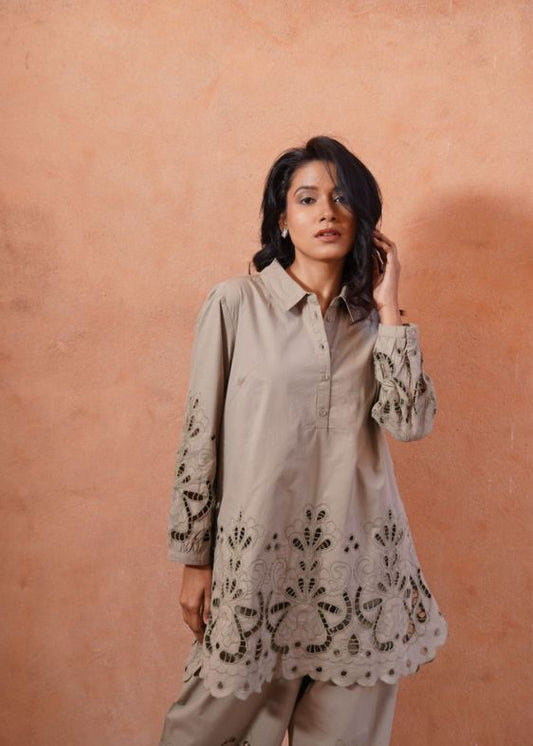 Olive Green Cotton Cutwork Dress- SS2524 OLV