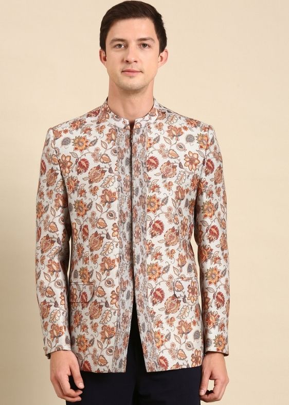 Grey Floral Printed Designer Bandhgala