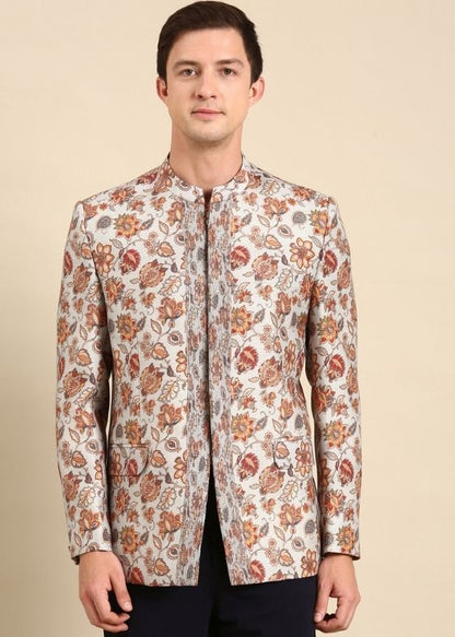 Grey Floral Printed Designer Bandhgala