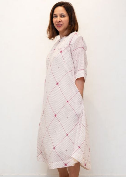 White and Pink Checks Jamdani Cotton Dress