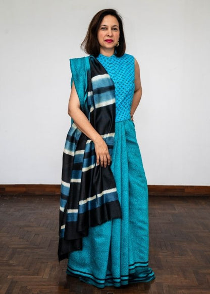 Blue Printed Tussar Silk Saree