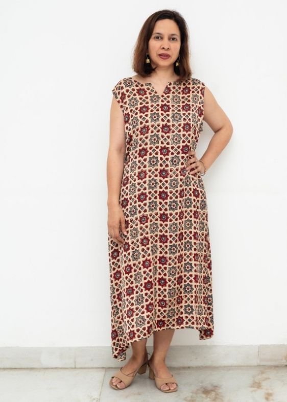 Beige Printed Modal Silk Dress