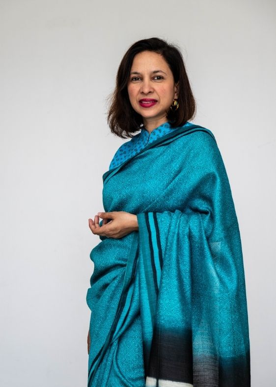 Blue Printed Tussar Silk Saree