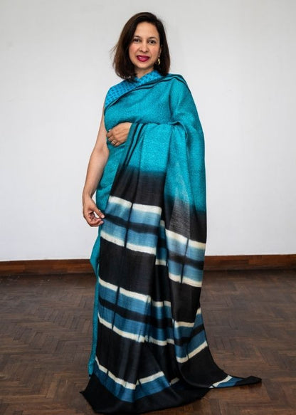 Blue Printed Tussar Silk Saree