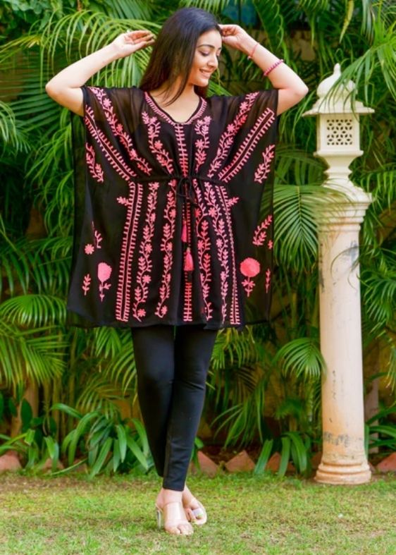 Black Short Georgette Kaftan With Aari Embroidery