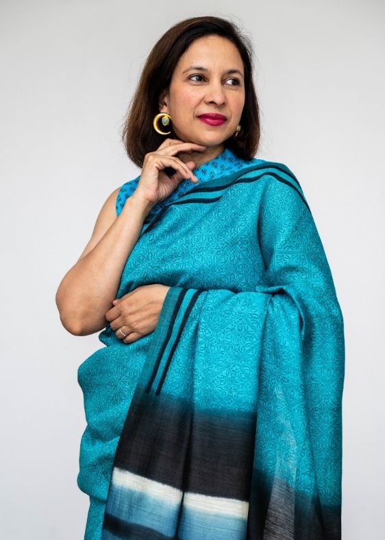 Blue Printed Tussar Silk Saree