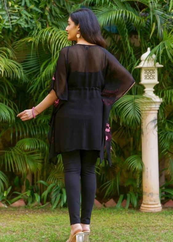 Black Short Georgette Kaftan With Aari Embroidery