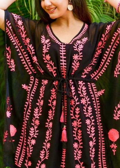 Black Short Georgette Kaftan With Aari Embroidery
