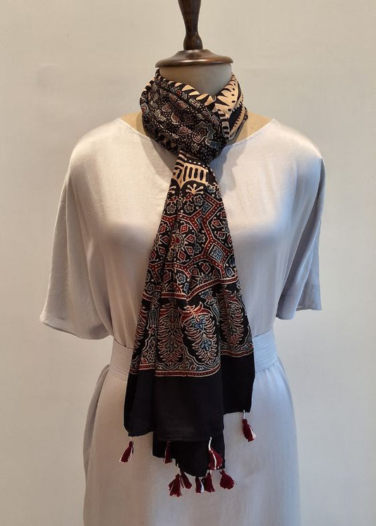 Black Ajrakh Print Modal Silk Stole