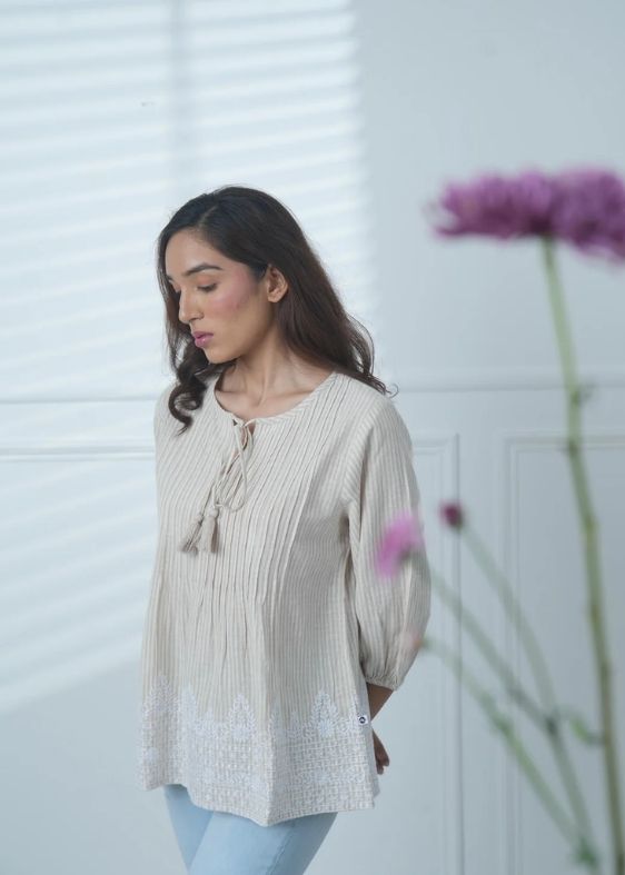 SS 2306 A Beige Stripe Embroidered Cotton Top