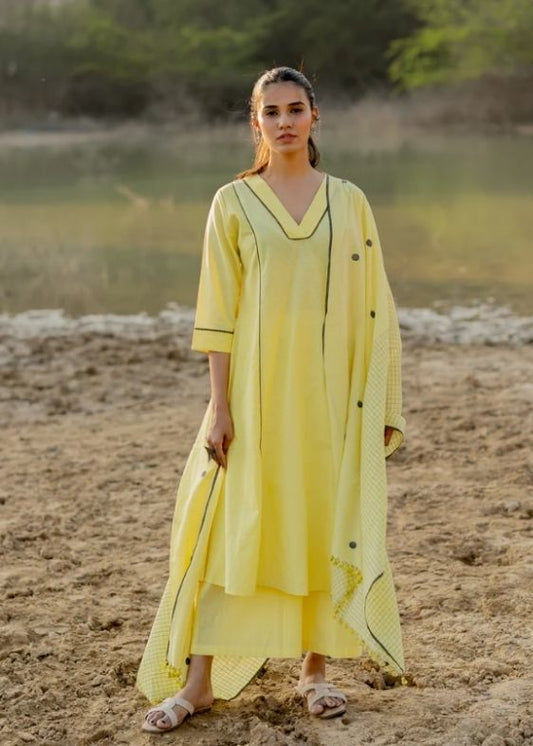 Light Lemon and Grey Kurta Set with jamdani Dupatta