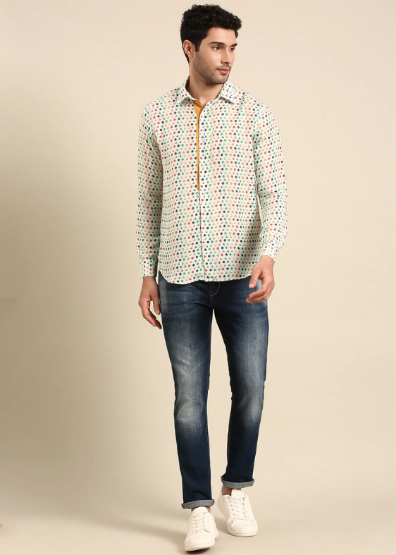 Light Blue Base Muslin Printed Shirt