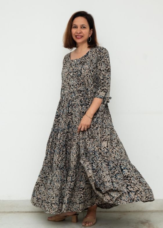 Blue Kalamkari 3 Tier Cotton Dress