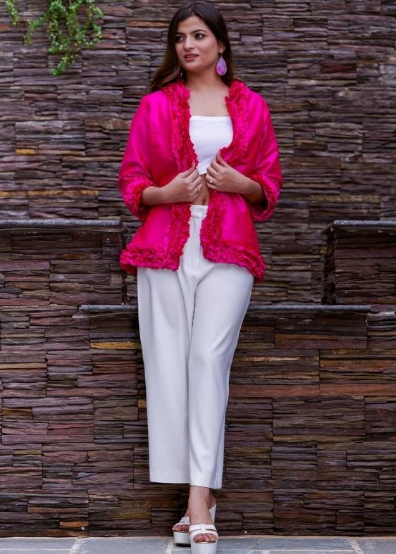 Pure silk Dupion Ruffle Jacket- Pink