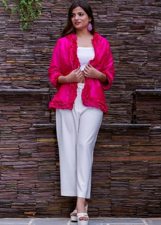 Pure silk Dupion Ruffle Jacket- Pink