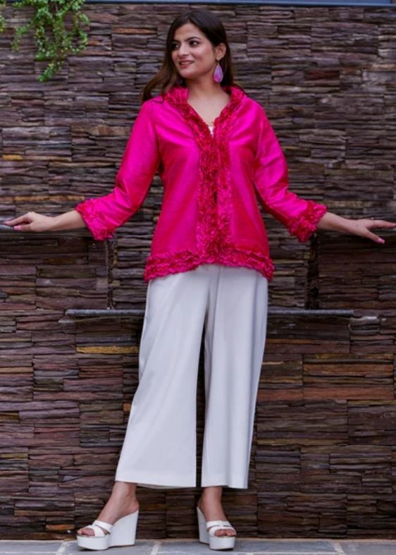 Pure silk Dupion Ruffle Jacket- Pink