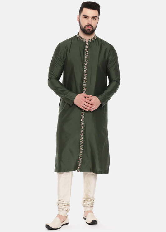 Green Silk Embroidered Kurta Set