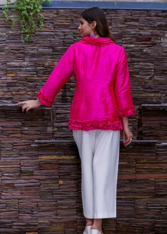 Pure silk Dupion Ruffle Jacket- Pink