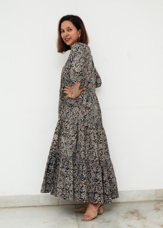 Blue Kalamkari 3 Tier Cotton Dress