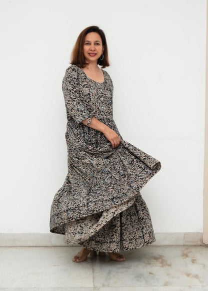 Blue Kalamkari 3 Tier Cotton Dress