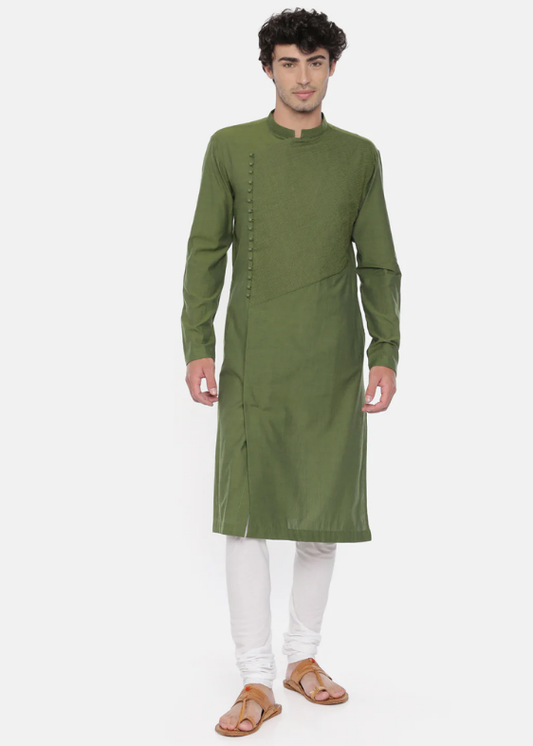 Green Cotton Asymmetrical Kurta Set