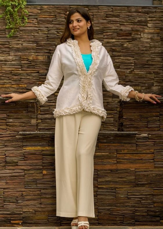 Pure silk Dupion Ruffle Jacket- Off White