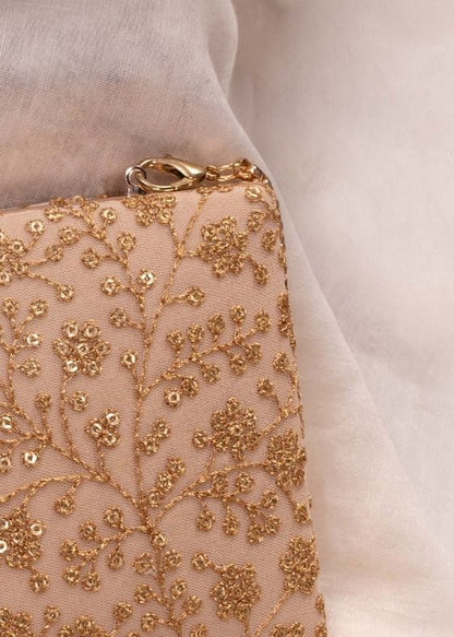 Beige Sequin Embroidered Box Clutch