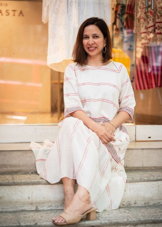 White Back Tie Net Cotton Jamdani Dress