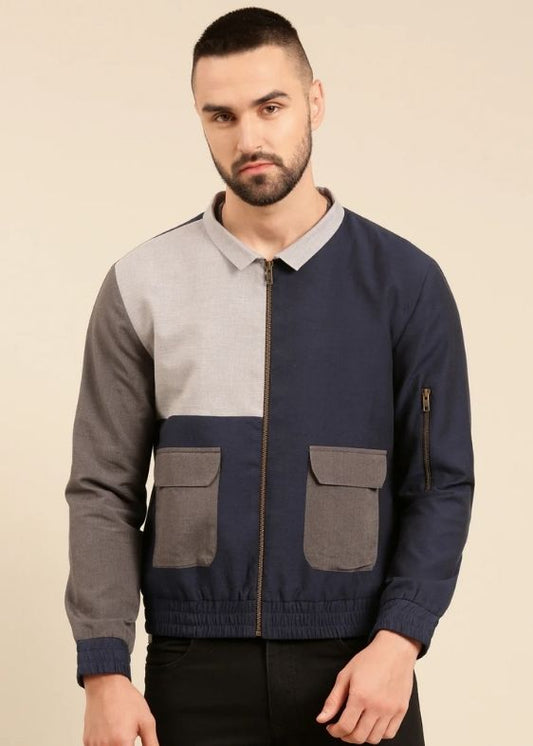 Tri Color Navy Charcoal Cotton Bomber Jacket - MMBJ024